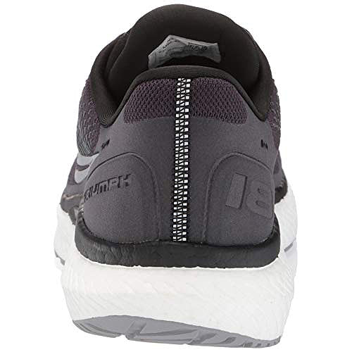 Rear view of a mens Saucony Echelon 8 Running Shoe, featuring a gray mesh upper, white and black sole, PWRRUN cushioning, and a vertical reflective strip on the back.