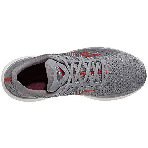 Top view of the Saucony Echelon 8 Running Shoe - Men, featuring red accents, a breathable mesh upper, white sole, and visible laces. Lightweight design with PWRRUN cushioning for comfort on every run.