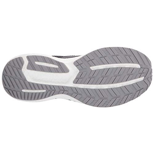 The image shows the sole of the Saucony Echelon 8 Running Shoe - Men, featuring a grey and white tread with angled grooves and rectangular sections for traction and flexibility, designed to complement its PWRRUN cushioning system.