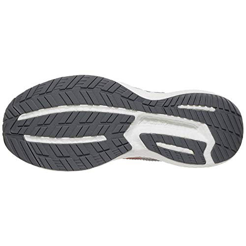 The image shows the bottom view of the Saucony Echelon 8 Running Shoe for men, featuring a black rubber outsole with white accents, patterned tread for grip and traction, and supportive PWRRUN cushioning.