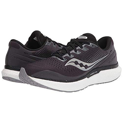 The Saucony Echelon 8 Running Shoe for men features black and gray mesh uppers, lace-up closure, white midsoles, gray outsoles, PWRRUN cushioning, and a wave-like logo—ideal for fans of Saucony’s comfort and style.