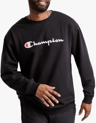 Champion POWERBLEND GRAPHIC CREW FLEECE Black - Classic Script Logo Small 738994445414 Shoe Deals Outlet
