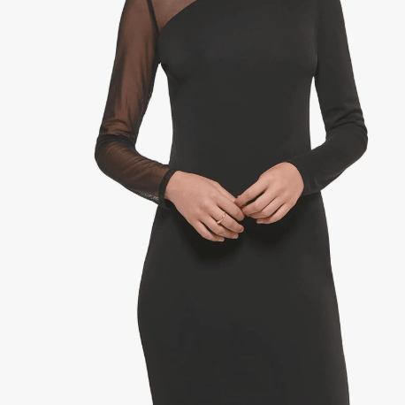 DKNY Long Sleeve Mock Neck Mesh Shoulder Maxi Dress Black Medium 755405614696 Shoe Deals Outlet