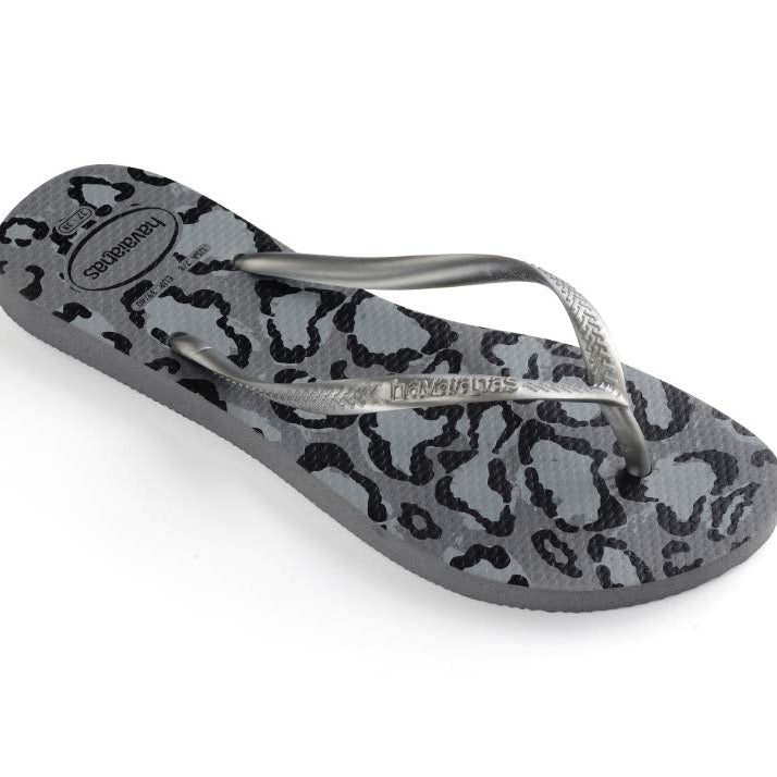 Havaianas Slim Flip Flops - Unisex Leopard Print Grey/Silver Shoe Deals Outlet