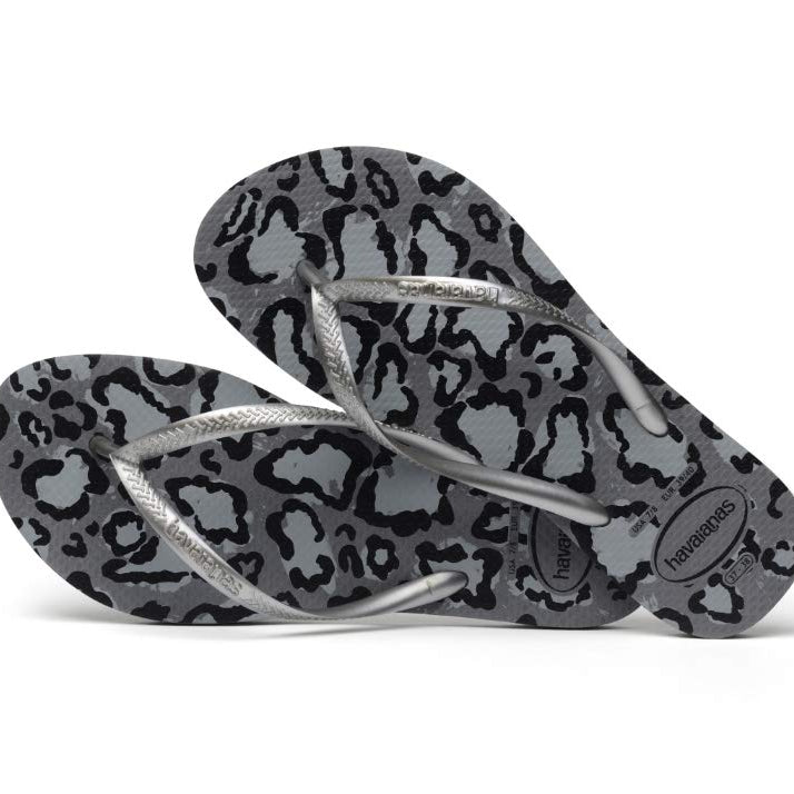 Havaianas Slim Flip Flops - Unisex Leopard Print Grey/Silver Shoe Deals Outlet