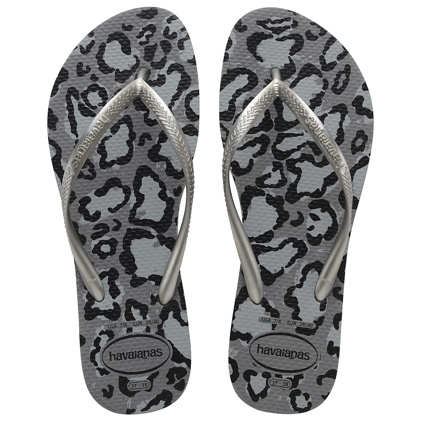 Havaianas Slim Flip Flops - Unisex Leopard Print Grey/Silver Shoe Deals Outlet