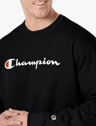 Champion POWERBLEND GRAPHIC CREW FLEECE Black - Classic Script Logo Small 738994445414 Shoe Deals Outlet