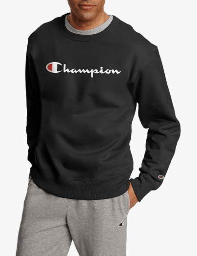 Champion POWERBLEND GRAPHIC CREW FLEECE Black - Classic Script Logo Small 738994445414 Shoe Deals Outlet