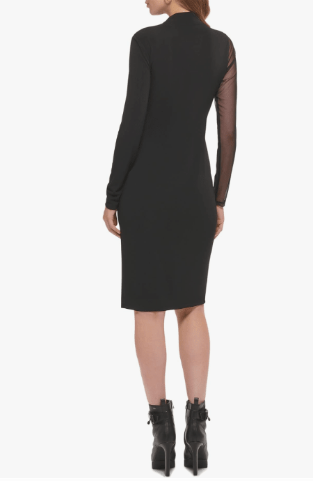 DKNY Long Sleeve Mock Neck Mesh Shoulder Maxi Dress Black Medium 755405614696 Shoe Deals Outlet