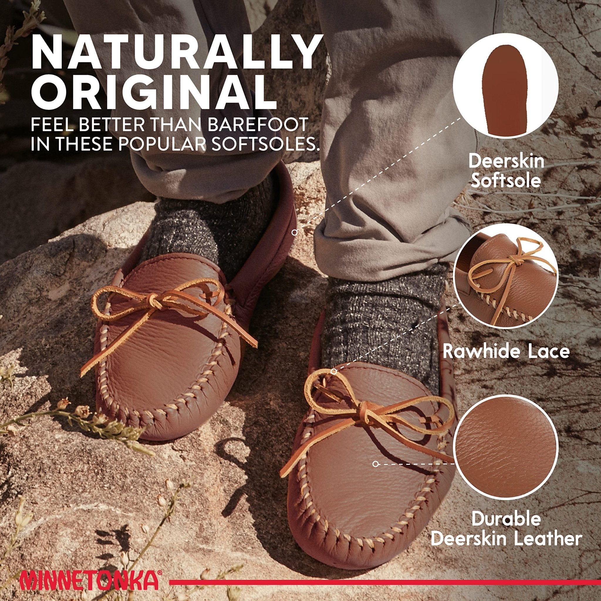 Minnetonka Moccasins Double Deerskin Softsole - Men's Carmel Deerskin Shoe Deals Outlet