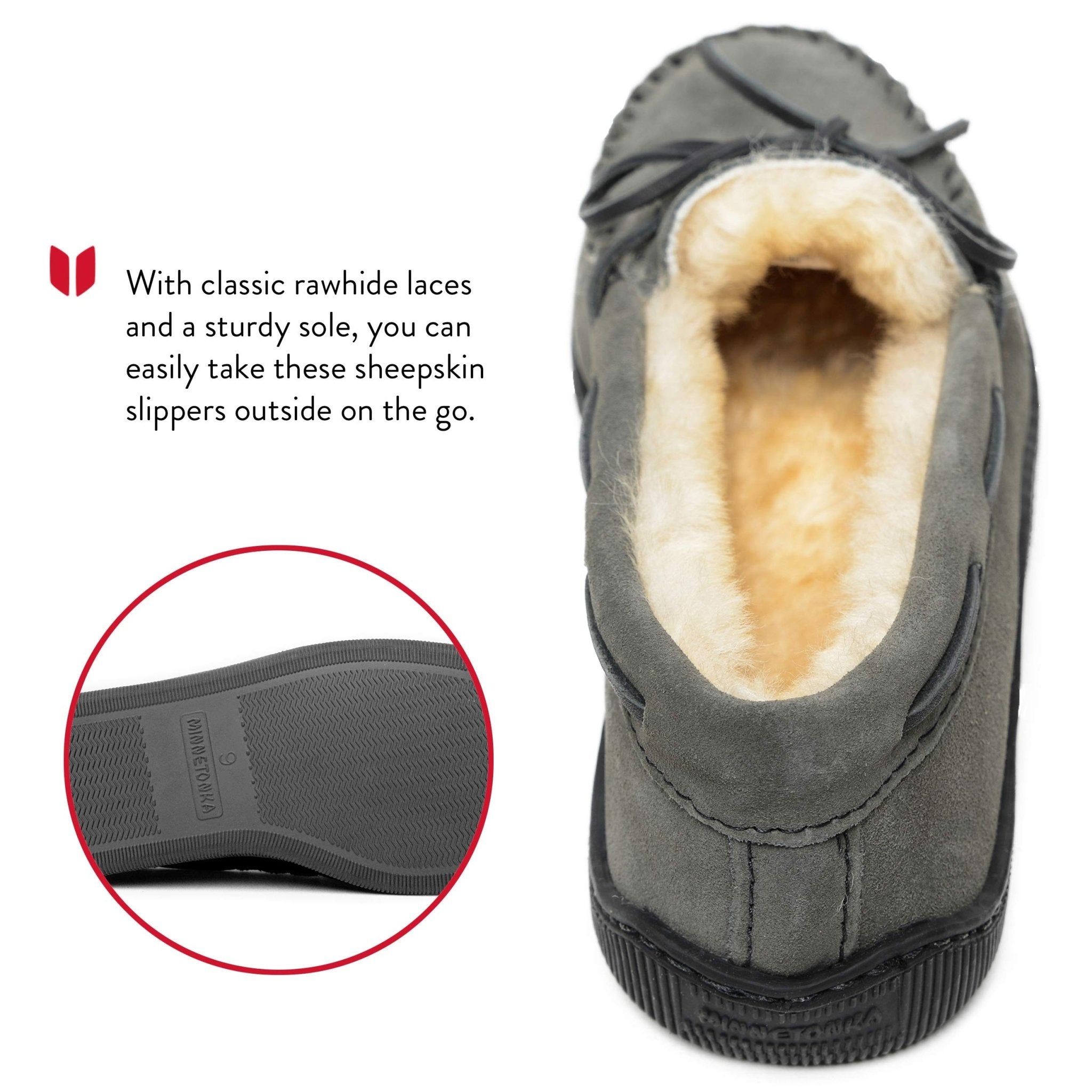 Minnetonka Moccasins Sheepskin Hardsole - Men's Grey Shoe Deals Outlet