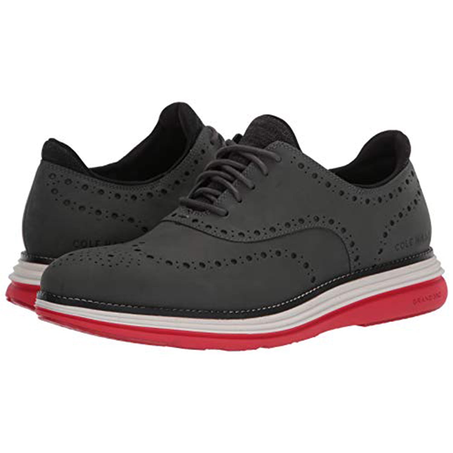 Cole Haan OriginalGrand Ultra Wingtip Oxford - Men's Gray Pinstripe Nubuck/Flame Scarlet - nimbus Cloud Shoe Deals Outlet