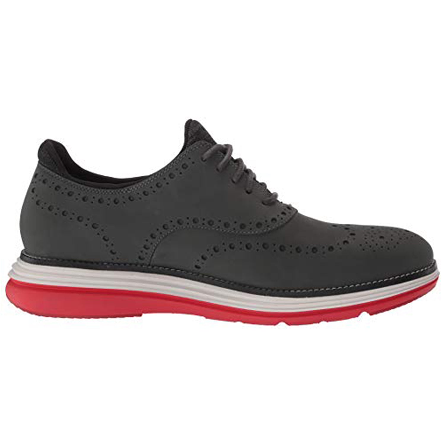 Cole Haan OriginalGrand Ultra Wingtip Oxford - Men's Gray Pinstripe Nubuck/Flame Scarlet - nimbus Cloud Shoe Deals Outlet
