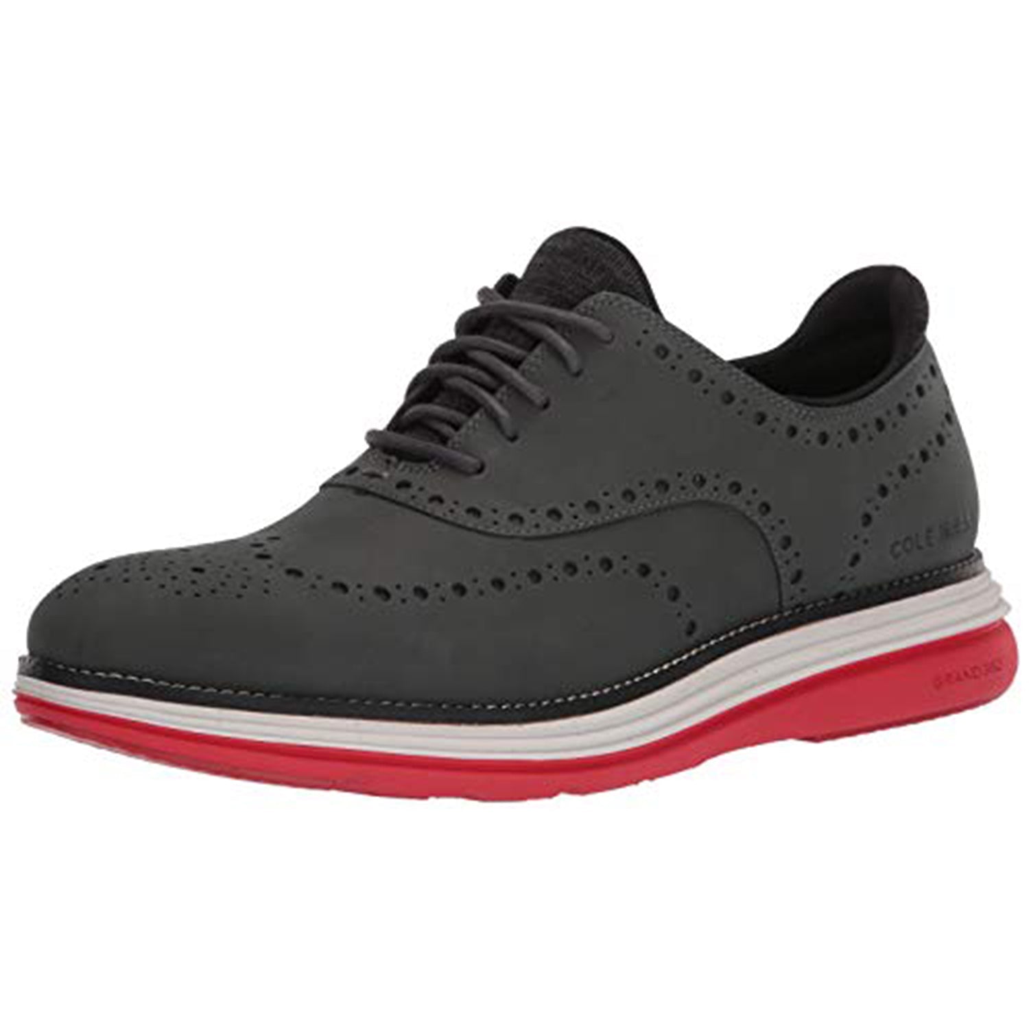 Cole Haan OriginalGrand Ultra Wingtip Oxford - Men's Gray Pinstripe Nubuck/Flame Scarlet - nimbus Cloud Shoe Deals Outlet