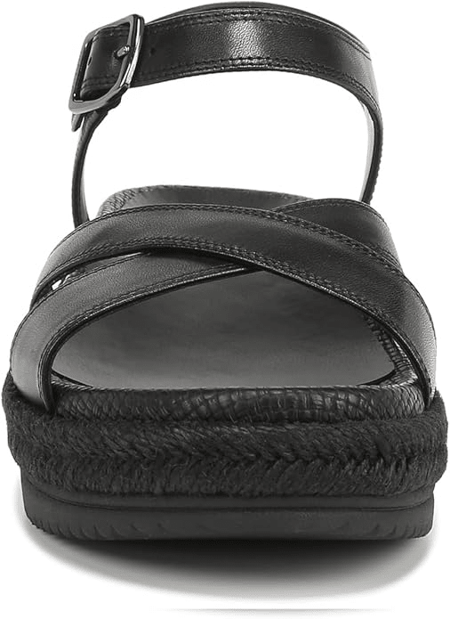 VIONIC Mar Platform Wedge Sandal Black Leather 9 M 197725037999 Shoe Deals Outlet